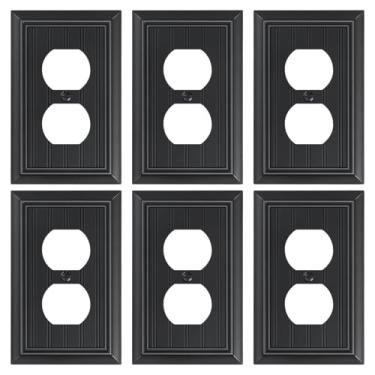 Imagem de Pacote com 6 placas clássicas para tomada frente e verso, placas decorativas pretas foscas, placas de parede de fibra de bambu natural para tomadas elétricas, 1 capa de receptáculo