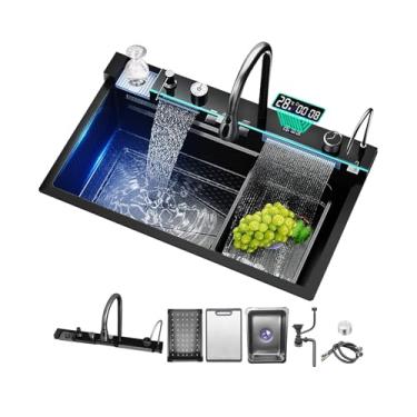 Imagem de NOYHHAV Pia de cozinha de aço inoxidável para bancada ou tigela única embutida com cesta de drenagem, tábua de corte, pia de vegetais, conjunto de torneira removível multifuncional (preto, 80 x 45 x