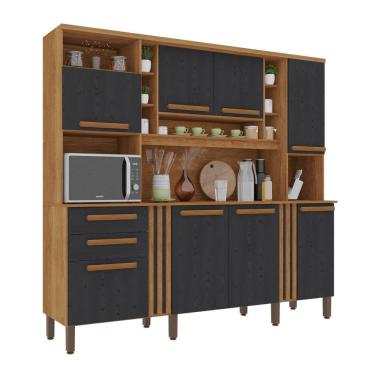 Imagem de Armário De Cozinha Completo Acácia 8 Portas 2 Gavetas Salleto Cinamomo/preto
