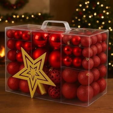 Imagem de Kit de 100 Bolas de Natal Grandes Conjunto Decoração para Árvore com Glitter Fosca com Estrela (Vermelho)