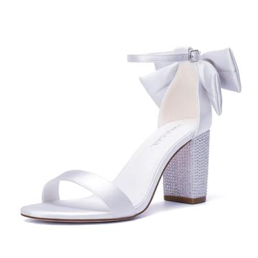 Imagem de HAULSAIL Sandálias femininas elegantes de casamento, cetim branco, salto bloco de strass, detalhe de laço decorativo, fecho de tira no tornozelo, salto 8 cm, Branco, 35