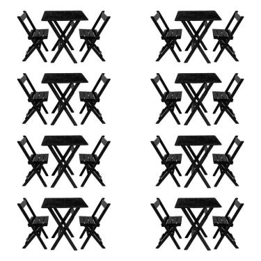 Imagem de Kit 8 Conjuntos Mesa Dobrável Para Bar E Restaurante 60x60cm Com 2 Cadeiras Em Madeira Maciça - Pret - Preto
