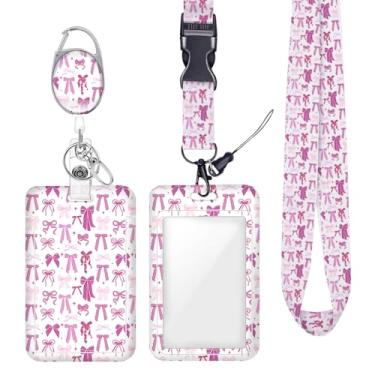 Imagem de Cordão de crachá de identificação com laço rosa para crachás de identificação, protetor vertical de trabalho, clipes de mosquetão retráteis, cordão de chave resistente para mulheres, secretária