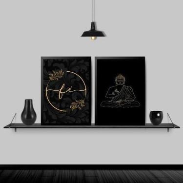 Imagem de Kit 2 Quadros Buda Fé Preto Com Dourado 33X24 Moldura Preta - Quadros 