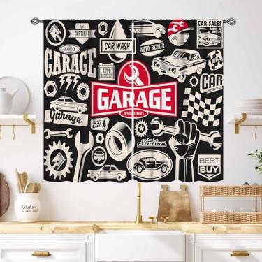 Imagem de Cortinas de janela de garagem, retrô, homem, reparo, veículo, garagem, ferramentas, galpão, oficina, automóvel, peças de carro, motor, preto, vermelho, vintage, bares, cortinas, tratamentos para