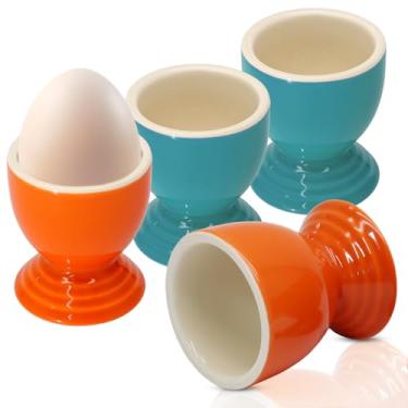 Imagem de Kyuionty Pacote com 4 copos de cerâmica para ovos (2 laranjas + 2 azuis), suporte para ovos cozidos em grés, conjunto de presente para cozinhar café da manhã/memórias de infância