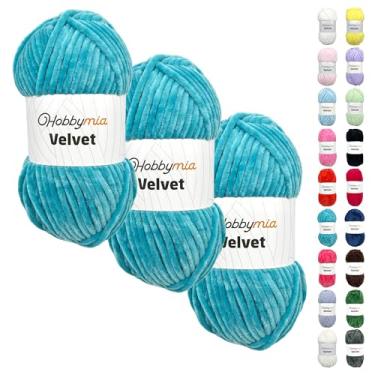 Imagem de HobbyMia Veludo - fio de chenille para crochê - 100 g / 132 jardas - (6) super volumoso - fio fofo para crochê - cobertor de bebê, amigurumi, xale (azul - turquesa, 3 novelos)