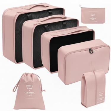 Imagem de Kit Organizador de Viagem 7 Peças – Necessaire Impermeável para Mala, Roupas e Sapatos – Compacto, Leve e Multiuso (Rosa)