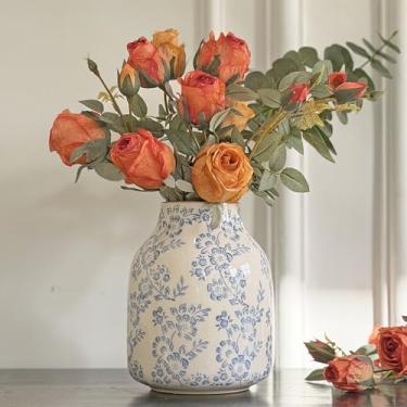 Imagem de Vaso de cerâmica vintage, vaso decorativo floral chinoiserie azul e branco, rústico retrô fazenda acabamento rachado vasos para flores, decoração de casa, sala de estar, centro de mesa, azul-01, 20 cm