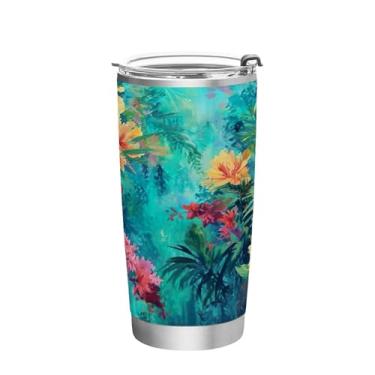 Imagem de Blueangle Copo de 590 ml com tampa e canudo, copo de café com água isolada a vácuo de aço inoxidável, caneca de viagem com padrão de flor em aquarela copo térmico para bebidas quentes e frias (350)