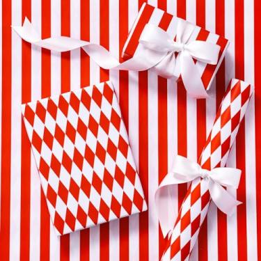 Imagem de RUSPEPA Rolo de papel de embrulho reversível, mini rolo, listras vermelhas e brancas e padrão de diamante, embrulho de presente de Natal para Natal, Dia dos Namorados, aniversário, casamento, chá de