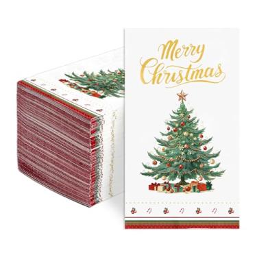 Imagem de 100 guardanapos de papel de Natal, 3 camadas, vintage, árvore de Natal, com borda vermelha, guardanapos descartáveis para convidados, toalhas de mão absorventes para árvore de Natal, inverno, festas