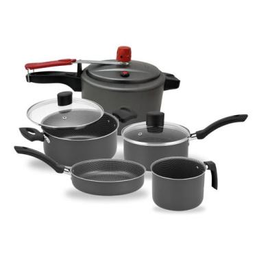 Imagem de Jogo de Panelas Antiaderente Com Panela de Pressão 5 Peças Tampa de Vi
