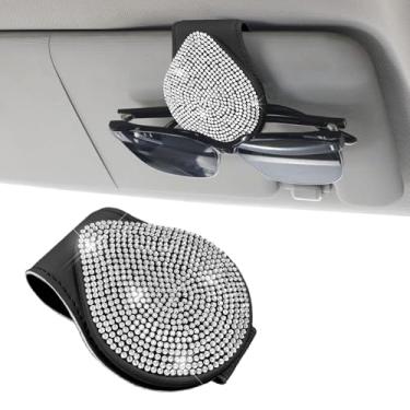 Imagem de MUQIDA Suporte de óculos de sol brilhante para viseira de sol de carro, suporte de gancho magnético automotivo de strass, viseira de óculos de veículo de couro, clipe de cartão de bilhete de cristal