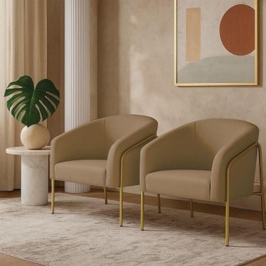 Imagem de Poltrona Sala Industrial Alta Dourado Kit 2 Stella Suede Marrom Rato D03 - D`rossi