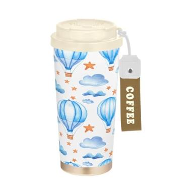 Imagem de Wassud Balões de ar quente azul isolado caneca de café de viagem copo à prova de vazamento com tampa e canudo garrafa de água de aço inoxidável para café quente/gelo, chá e cerveja
