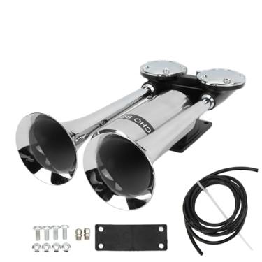 Imagem de 300db buzina de ar para carro, liga de zinco, cromado, tubo duplo, alto-falante para trem, navio, suv, rv, caminhão, motocicleta, dc 12v/24v