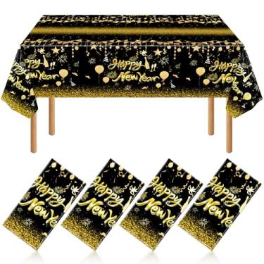 Imagem de NOVWANG Toalhas de mesa Happy New Year, pacote com 4 toalhas de mesa pretas e douradas, capas de mesa de plástico descartáveis de ano novo para decorações de mesa de festa de ano novo de 2026
