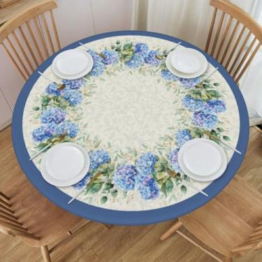 Imagem de KiuLoam Toalha de mesa redonda de hortênsia azul e verde primavera com borda elástica floral rústica folha de eucalipto toalha de mesa lavável reutilizável para cozinha interna piquenique festa cabe