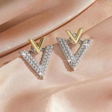 Imagem de Brincos Elegantes Em Forma De Letra V Com Zircônia Brilhante Para Mulh
