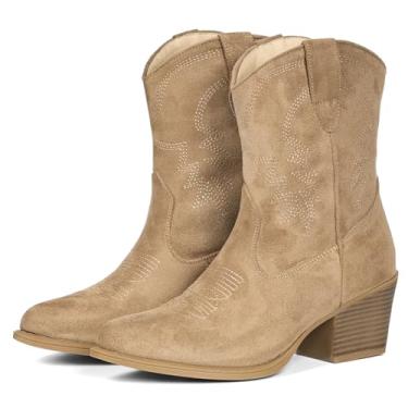 Imagem de IXU Botas caubói femininas cano curto cano curto bota clássica cano médio bico fino botas curtas grossas, Camelo de camurça, 40