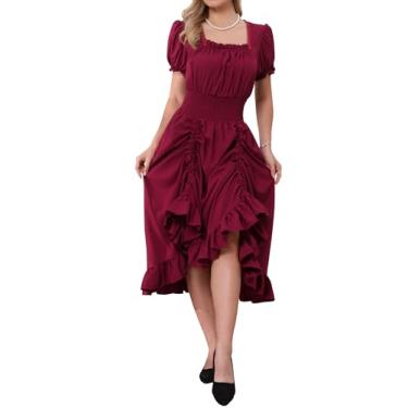 Imagem de Allegra K Vestido vitoriano para mulheres, fantasia renascentista, cintura franzida, vestido midi com babados, Borgonha, M