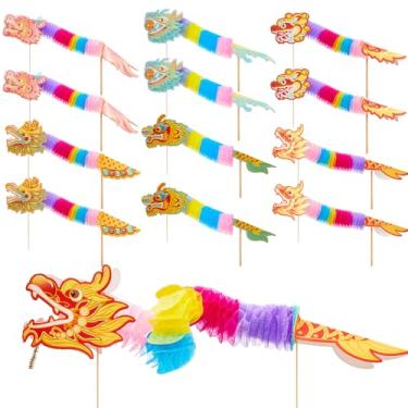 Imagem de Halloscume Pacote com 12 decorações de dragão de papel de ano novo chinês 3D DIY artesanato de ano novo lunar para papel dragão fantoche guirlanda portátil para suprimentos de festa do festival da
