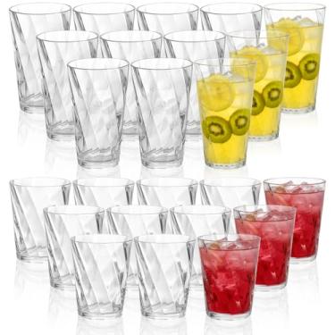 Imagem de LemonRoad Conjunto com 24 copos de plástico, reutilizáveis, transparentes, pedras de 382 g e copos de água de 590 ml, empilháveis, copos de plástico transparente, utensílios de cozinha para uísque