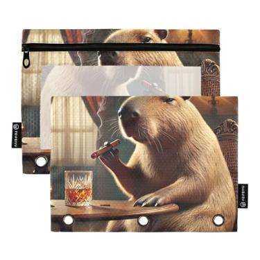Imagem de GAIGEO Bolsa para lápis de escritório com 3 anéis para fichário para canetas, estojo com zíper, transparente, bolsos para fichários transparentes para escola, fofo, sala de uísque capivara, 25 x 18 cm