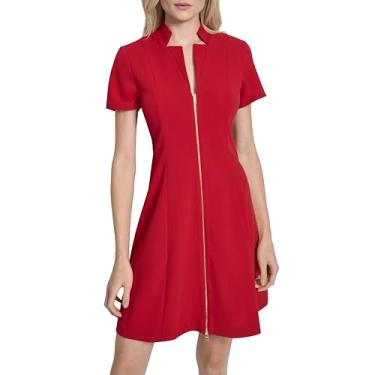 Imagem de DKNY Minivestido feminino de crepe de manga curta com decote em V e zíper frontal, Escarlate, 50