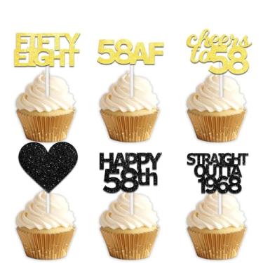 Imagem de LETLIMIT 18 peças de cupcake de sobremesa com glitter dourado preto para decoração de festa de aniversário de 58 anos de idade com tema "Cheer to 58 anos