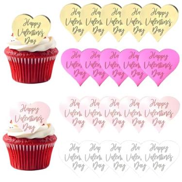 Imagem de 20 peças de enfeite de bolo de coração de acrílico com espelho feliz dia dos namorados gravados para decoração de cupcake para dia dos namorados suprimentos de festa de casamento (rosa)