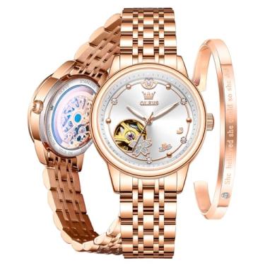 Imagem de OLEVS Relógios femininos automáticos de luxo com diamante para mulheres, pulseira de cerâmica, impermeável, conjunto de pulseira e relógio feminino, 6732: ouro rosa e mostrador branco