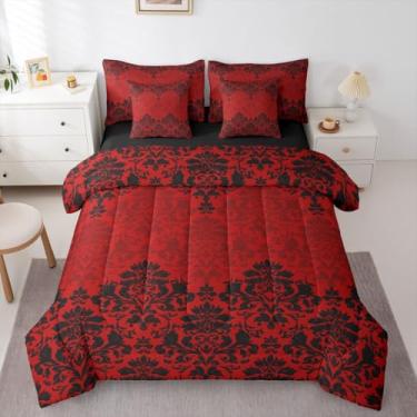 Imagem de Feelyou Jogo de cama Queen gótico vermelho e preto, damasco, vintage, estilo gótico, damasco, floral, cama com edredom, lençóis, fronhas, fronhas