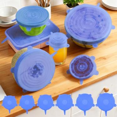 Imagem de 6 peças de tampas elásticas de silicone, capas redondas de armazenamento de alimentos, tampas de vedação de tigela reutilizáveis para recipientes de cozinha, azul