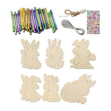 Imagem de Ｂｅｓｇａ Kit de 12 peças para fazer sino de vento com coelhinhos, em madeira para colorir. Crie seu próprio sino de vento para atividades ao ar livre na