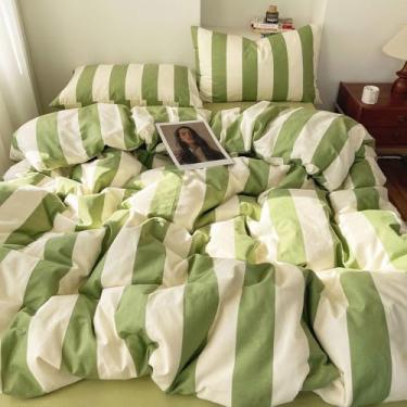 Imagem de LifeTB Conjunto de edredom listrado, solteiro, GG, fofo, macio, moderno, estampa de listras verdes e brancas, conjunto de cama 3 peças, retrô, listrado, com 2 fronhas, conjunto de edredom e edredom