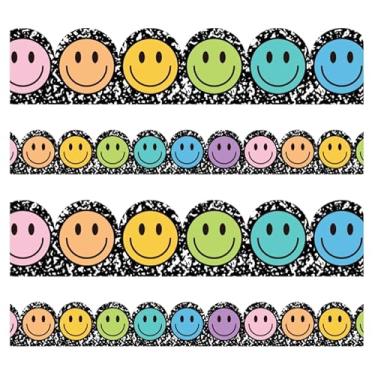 Imagem de JarThenaAMCS Borda de quadro de avisos Boho Happy Face de 20 metros, cor pastel, rosto sorridente, acabamento de borda enrolada para decoração de parede de quadro-negro de sala de aula