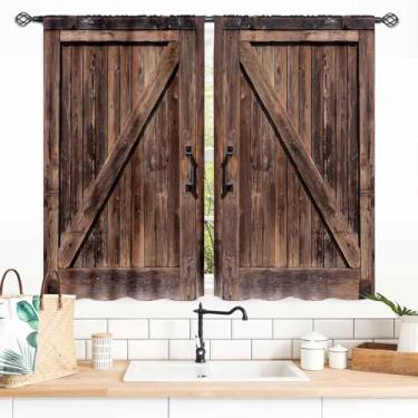 Imagem de TKUYO Cortinas de porta de celeiro de madeira, tábua de madeira marrom rústica, quinta, campo, oeste, celeiro, garagem, portão, cortinas de janela para sala de estar, quarto, cozinha, 2 painéis, 139 x