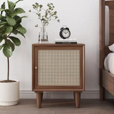 Imagem de Mesa de cabeceira nórdica de madeira maciça quarto simples armário de armazenamento de cabeceira hotel pequena cama de vime (cor: madeira de cerejeira) (cor de noz)