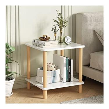 Imagem de Mesa de canto de 2 andares, mesa lateral quadrada, mesa de centro com prateleira de armazenamento para pequenos lugares, sala de estar e recepção (cor: cinza) (branco)