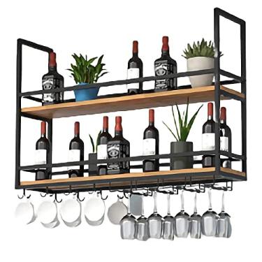 Imagem de pcagfaajmh Prateleiras de armazenamento de vinho, rack de vinho suspenso industrial com suporte de vidro e trilho de proteção, prateleira flutuante de montagem de teto de 2 camadas para cozinha e bar
