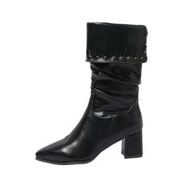 Imagem de Botas femininas casuais de inverno com lapela no tornozelo, bico fino, salto baixo, cano médio, Preto, 36