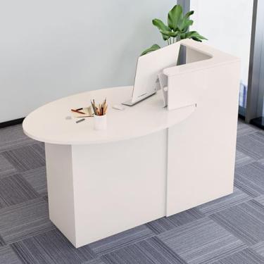 Imagem de Mesa de recepção, balcão de recepção de recepção, balcão frontal com mesa oval/gaveta com trava, caixa em L - simples e moderna, estação de trabalho de madeira para computador para casa, escritório