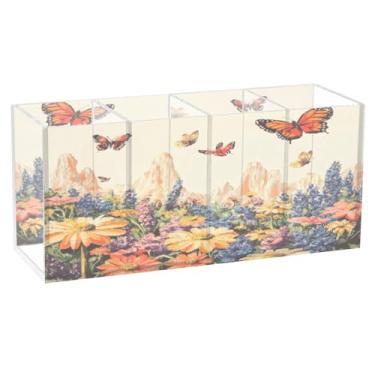Imagem de Burbuja Porta-canetas de acrílico retrô Wildflowers com 4 compartimentos, suporte de lápis transparente para pincéis de maquiagem, acessórios de mesa de escritório em casa