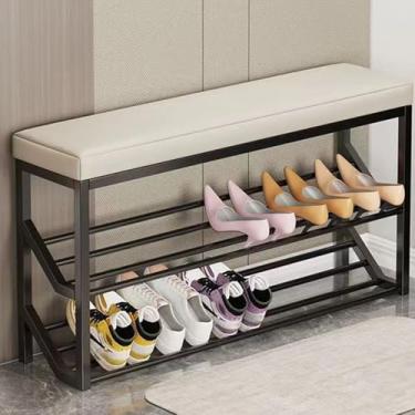 Imagem de Banco de armazenamento de sapatos com assento acolchoado, sapateira de entrada de 60 x 20 x 48 cm, organizador fino para porta da frente, solução de armazenamento de sapatos de corredor elegante