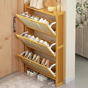 Imagem de Armário de sapatos de bambu independente com 2/3 gavetas flip, armário organizador de sapateira para saltos, botas, chinelos, armazenamento de sapatos fino para corredor de entrada da sala de estar
