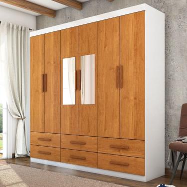 Imagem de Guarda-Roupa Solteiro Aria 6 Portas 6 Gavetas com Espelho Branco/Cinamomo - Pnr Móveis