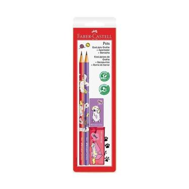 Imagem de Kit Escolar Faber-Castell Pets Rosa e Roxo com 2 Lápis Pretos, Apontador com Depósito e...