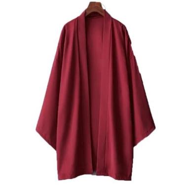 Imagem de Poncho Kimono Japonês Masculino Preto Longo De Cor Sólida, Yukata Haor